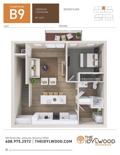Floor plan for 1 bed, 1 bath, 770 sqft